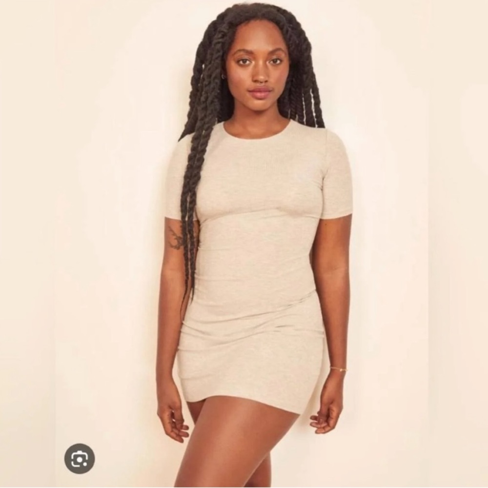 Reformation Kennedy Knit Ribbed Tan Oatmeal Mini Bodycon Dress Sz M